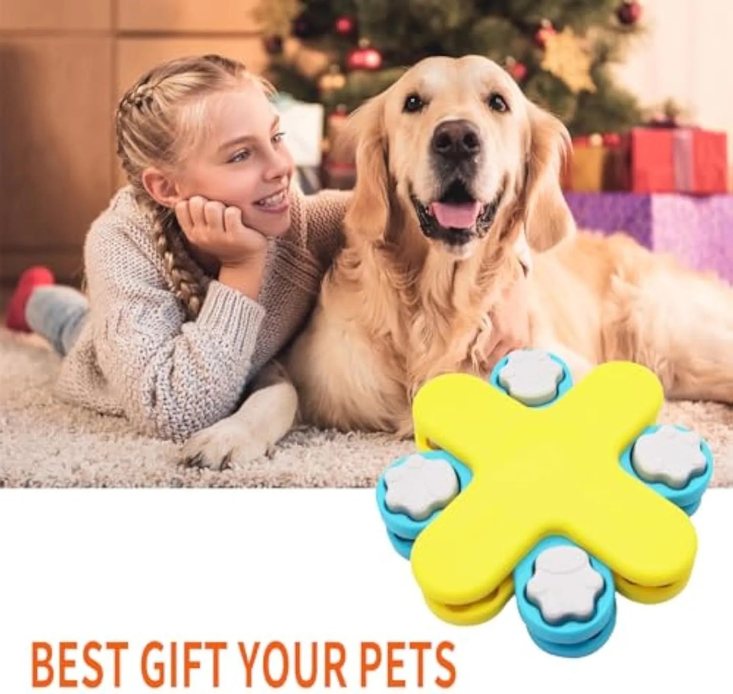 Yellow dog puzzle feeder toy with three rotating layers and claw-shaped lids