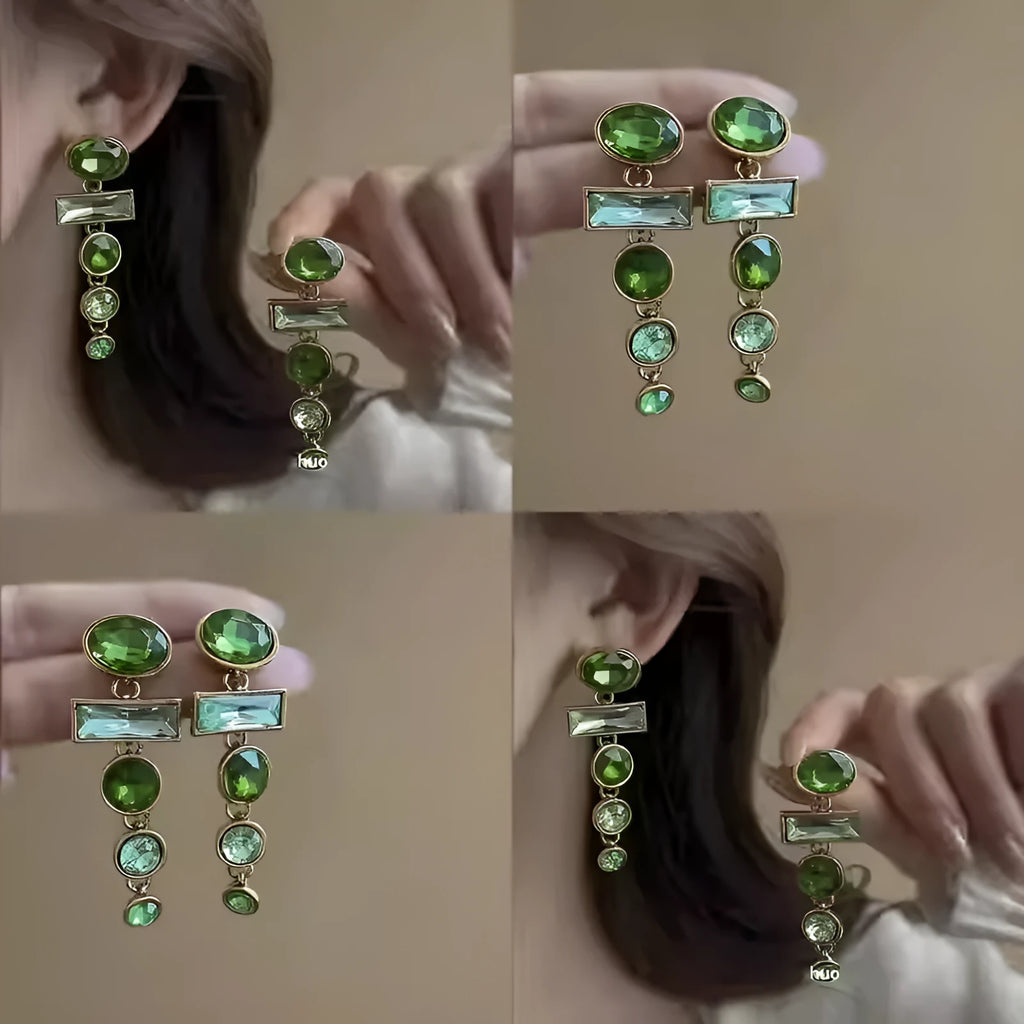 Geometric green gradient alloy earrings with zircon inlays and decorative tassels