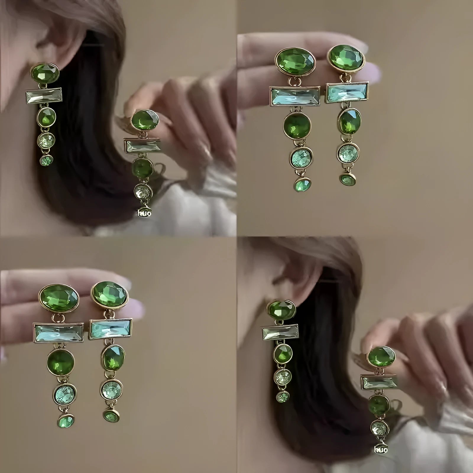 Geometric green gradient alloy earrings with zircon inlays and decorative tassels