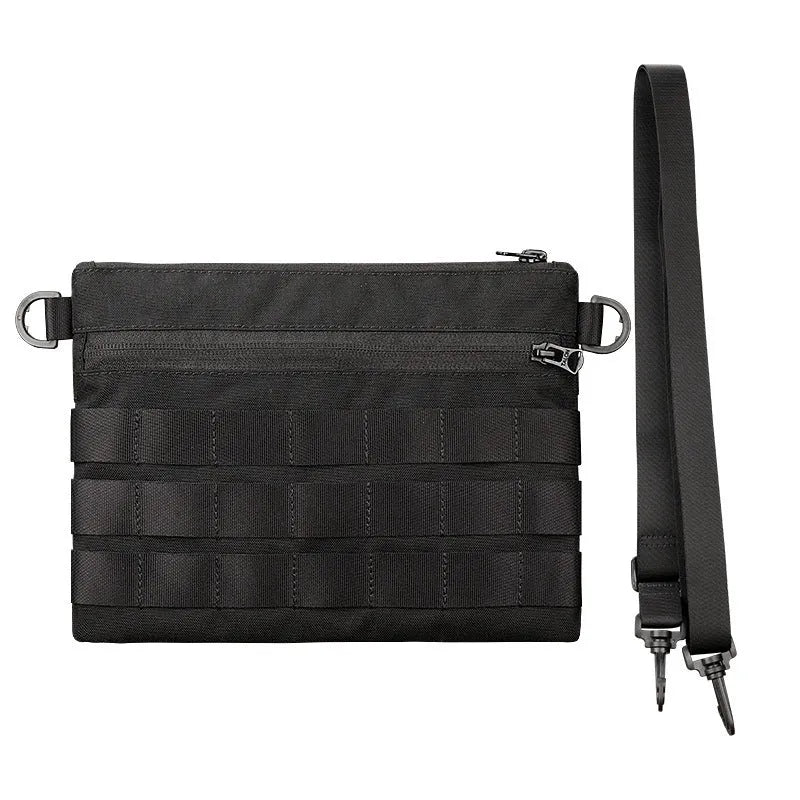 Black Oxford cloth portable outdoor organiser kit measuring 18cm by 3.5cm