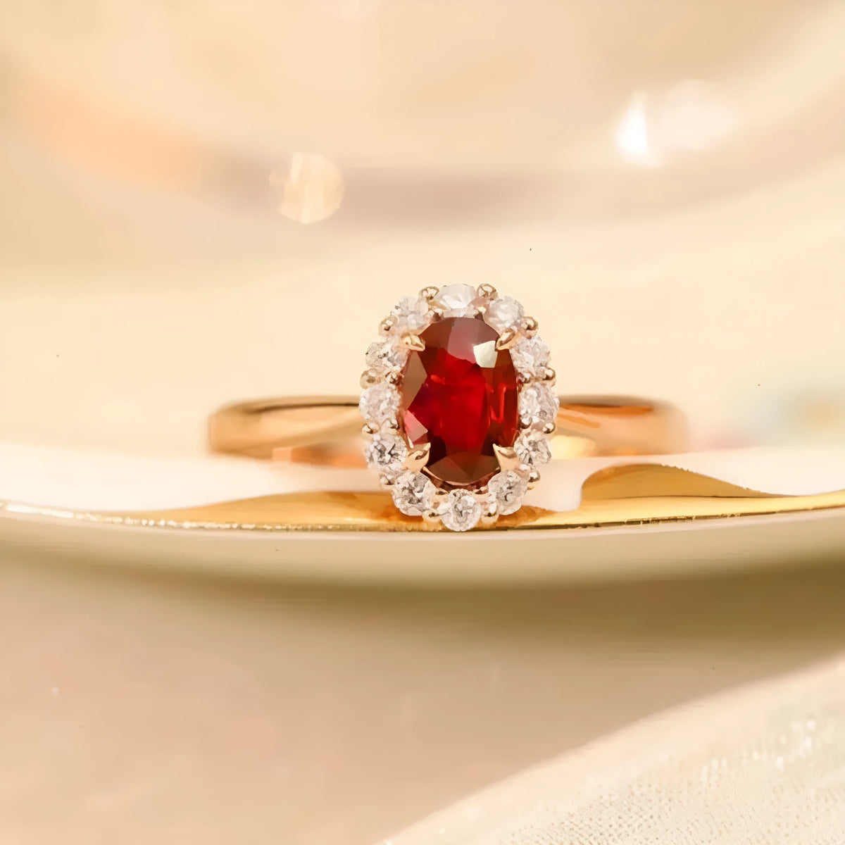 Women's sterling silver ring with gold pigeon design and red gemstone inlay on floral patterned band