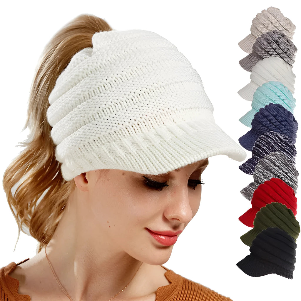 Women's acrylic yarn ponytail beanie hat in various colours showing hairstyle accommodation