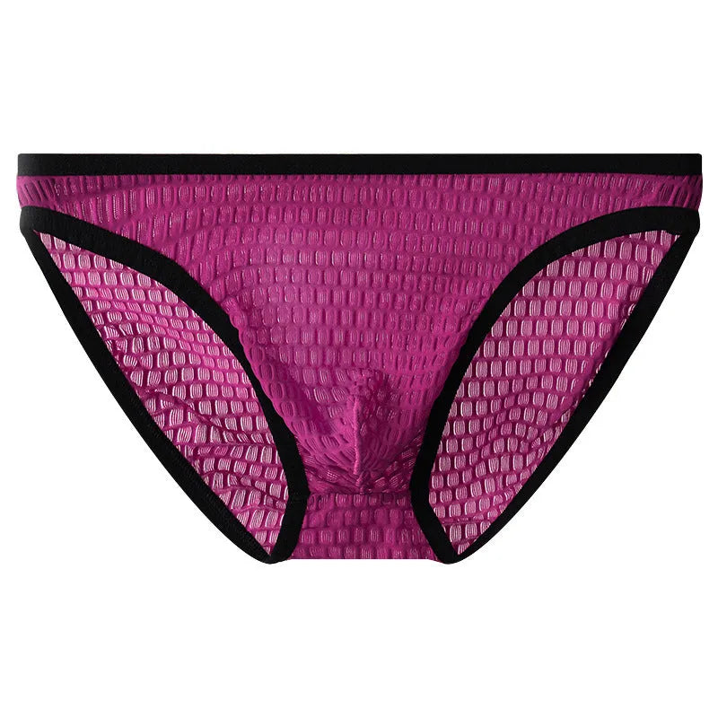 Men's low waist transparent lace underwear in black on a white background