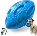 Natural rubber squeaky dog toy with surface grooves for aggressive chewers in blue, green, or orange