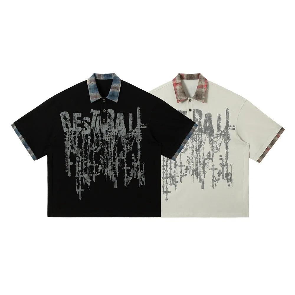 Men's loose asymmetric short-sleeved cotton top with graffiti print in blue.