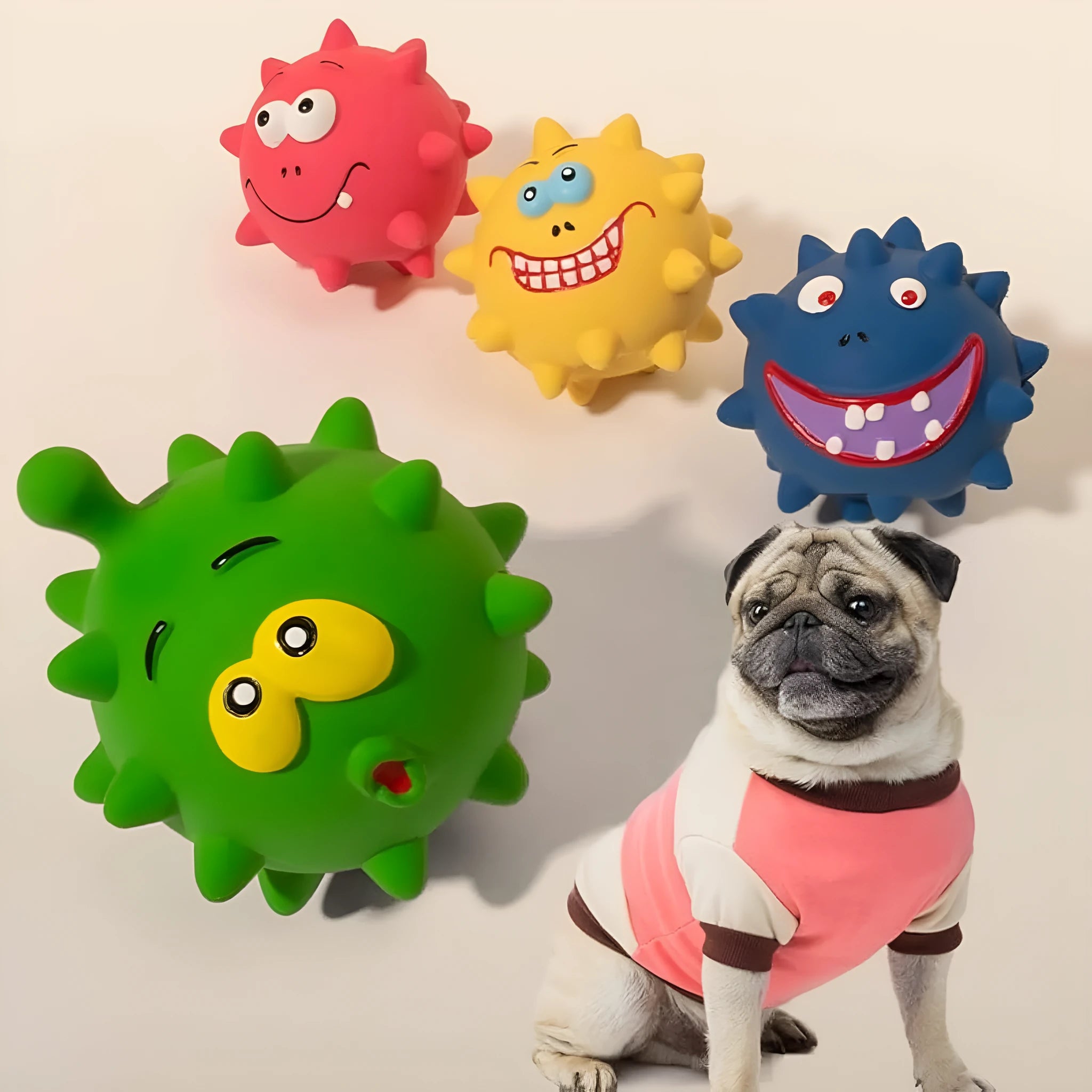 Four colourful natural latex rubber squeaky dog balls with cute faces measuring 7.5 cm
