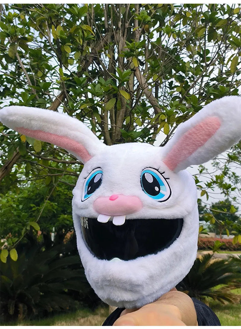 White rabbit head plush cover for motorcycle helmet with long ears