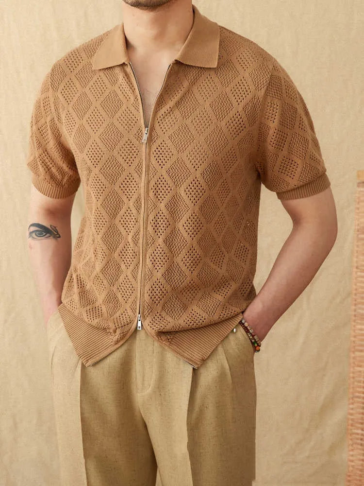 Light brown zip-front cotton cardigan with a lapel collar and short sleeves.
