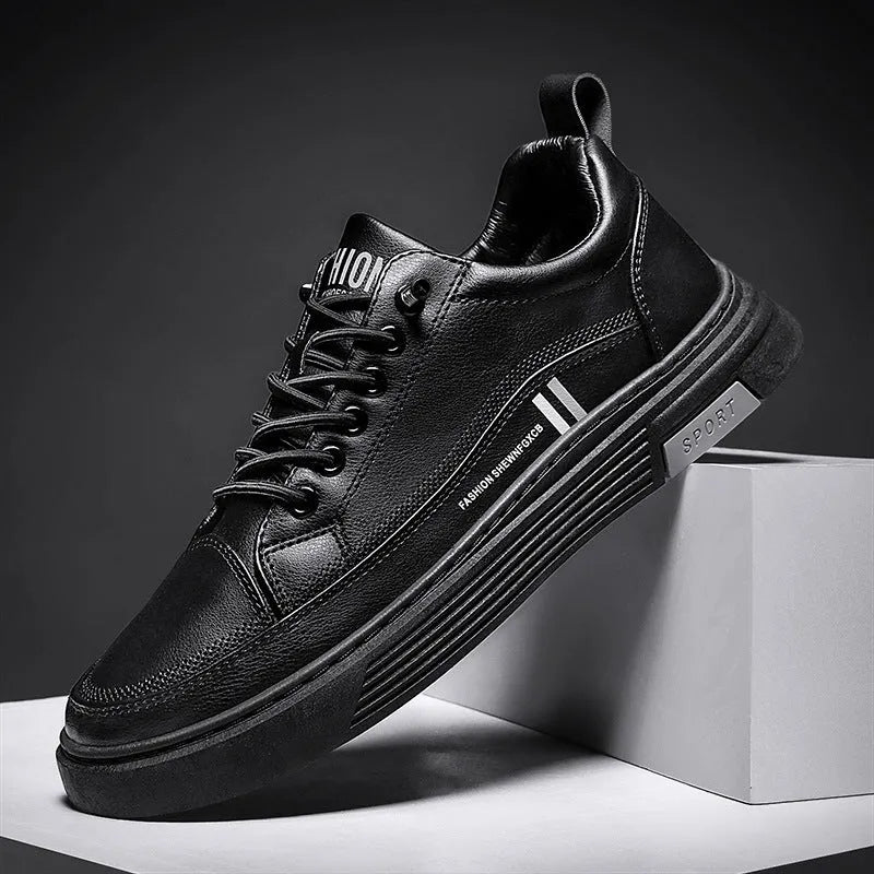 Men's black and white microfiber skateboard shoes with elastic band fastening and rubber soles