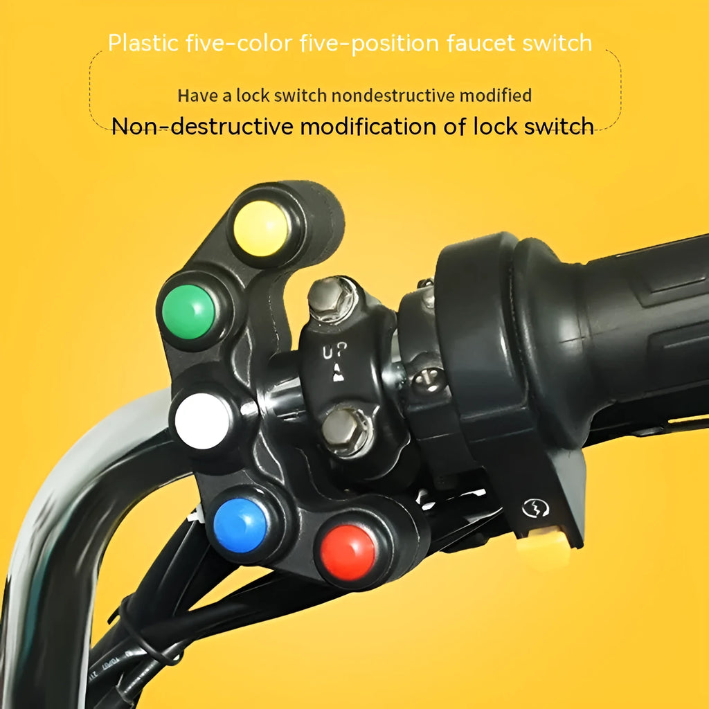 Plastic five-position vehicle switch with red, yellow, blue, green, and white buttons, showing 52cm cable and 2.2cm mount.