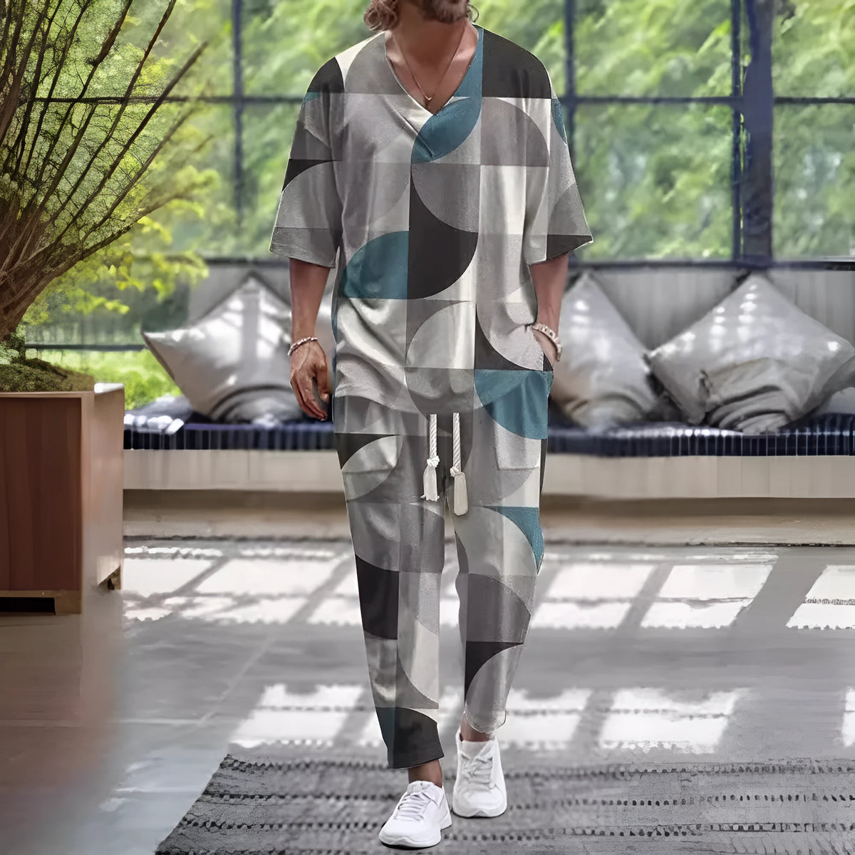 Men's cropped sleeve V-neck polyester suit in thin fabric with trousers, available in multiple colours and sizes S to 6XL