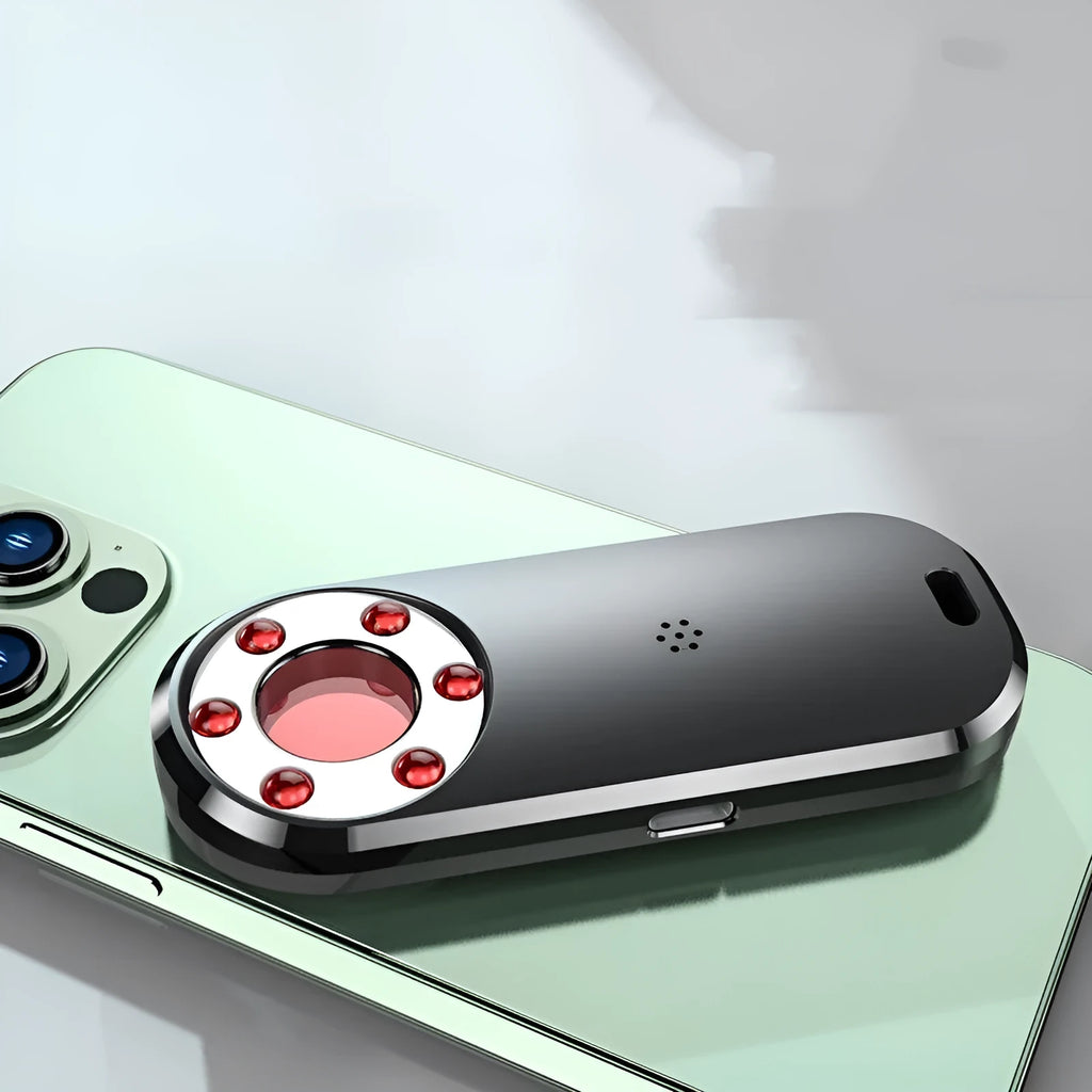 Portable infrared anti-spy detector device showing compact design with dimensions 91mm by 37mm by 13mm