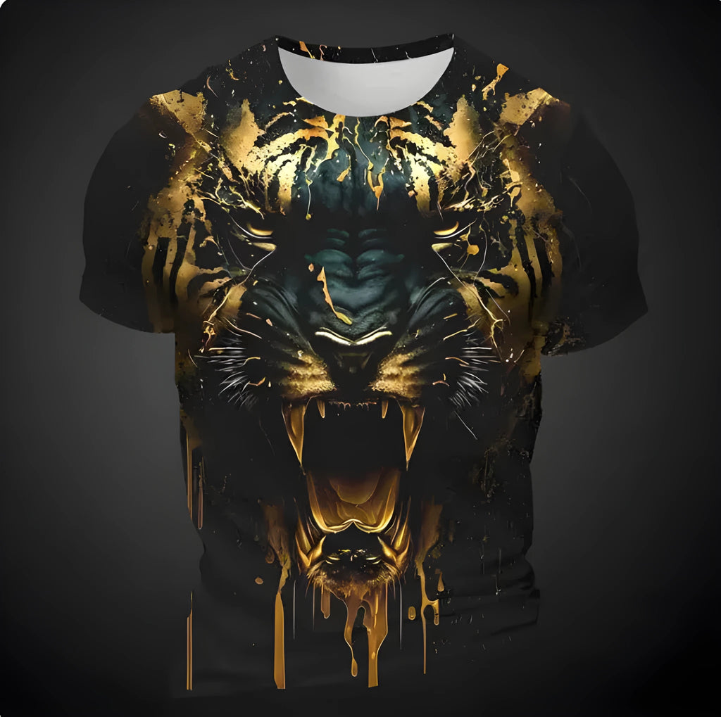 Men's grey T-shirt with a vibrant blue and orange 3D tiger pattern printed on the front.