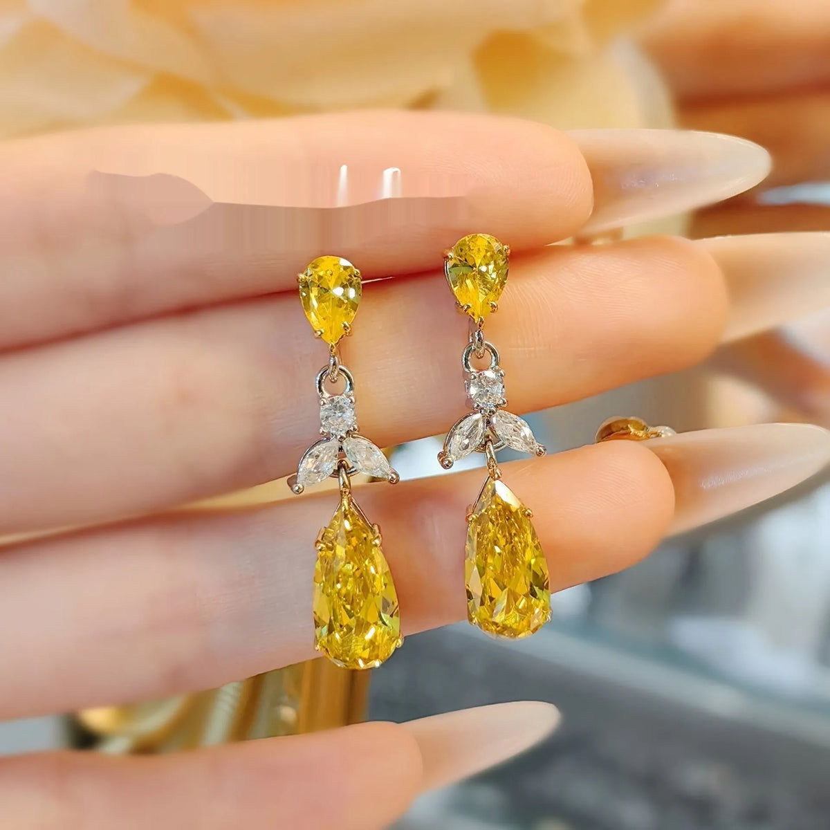 Pink or yellow high-carbon diamond floral earrings with copper setting and petal, leaf and flower design for women