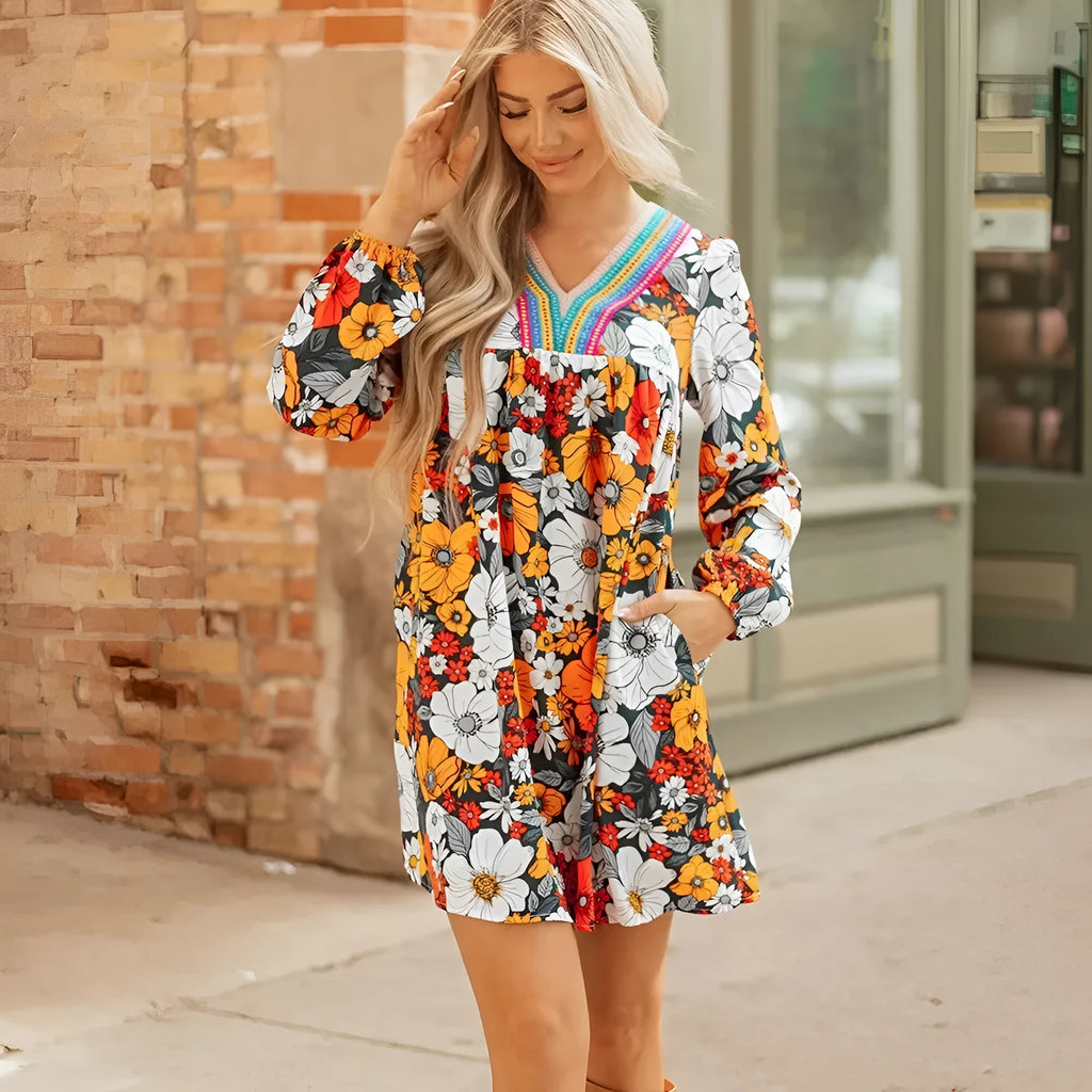 Orange floral print striped lace V neck long sleeve mini dress