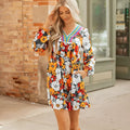 Orange floral print striped lace V neck long sleeve mini dress