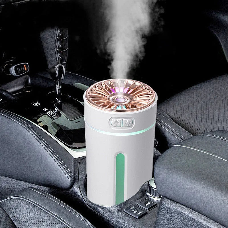 Black wireless air humidifier with colourful LED lights on a car cup holder