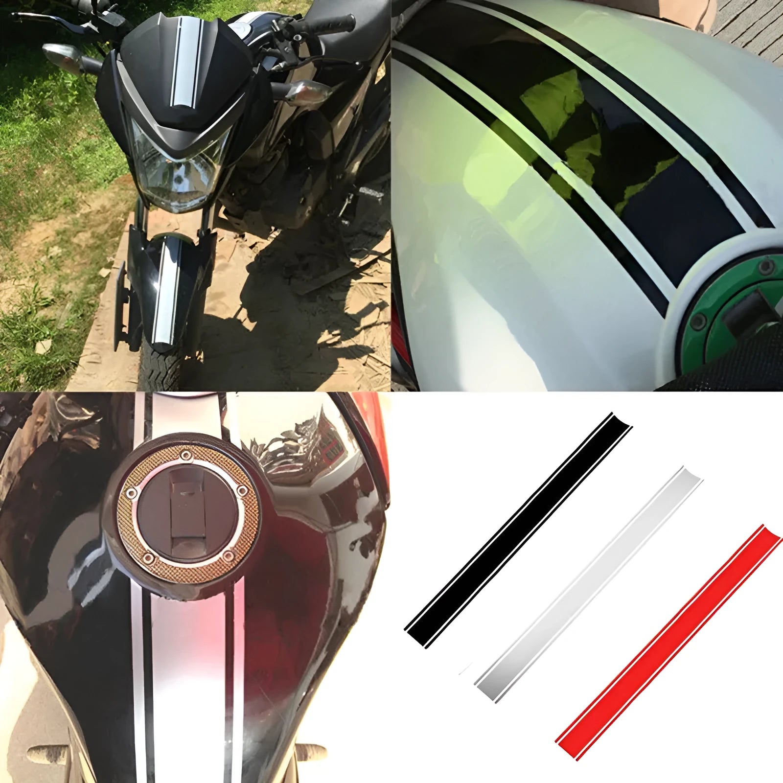 Motorcycle gas tank lid reflective pinstripe sticker measuring 50 by 4.5 cm in black, red, silver, yellow colours