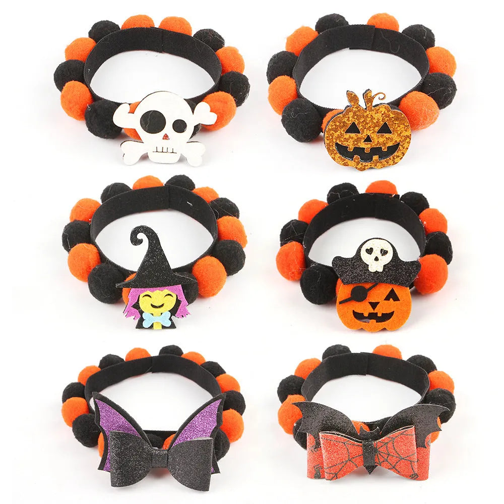 Halloween pet collar with decorative fur ball in pumpkin, bow, skull, and witch designs