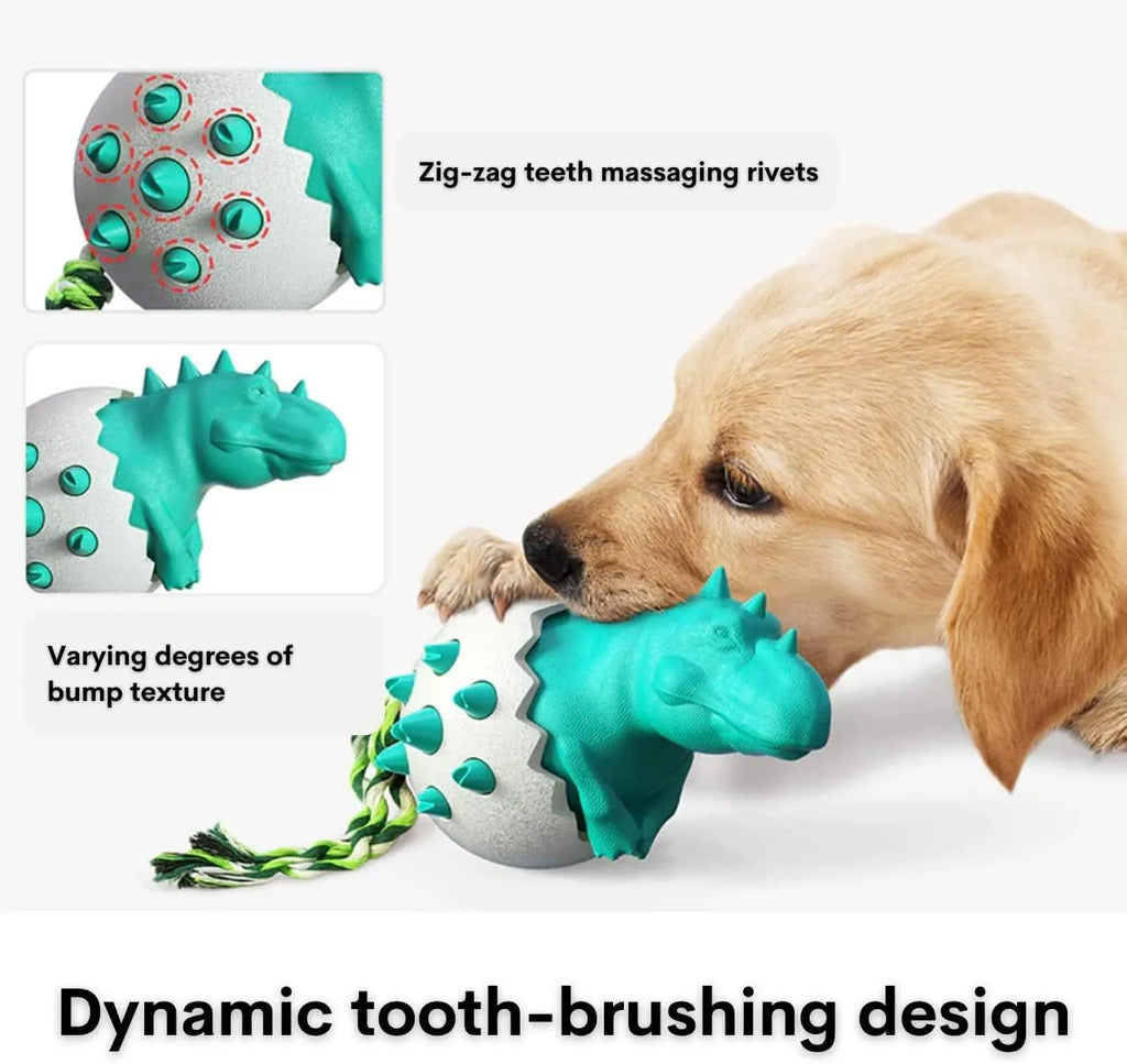 Blue dinosaur-shaped dog chew toy with rubber texture, rope tail, and dental cleaning nubs
