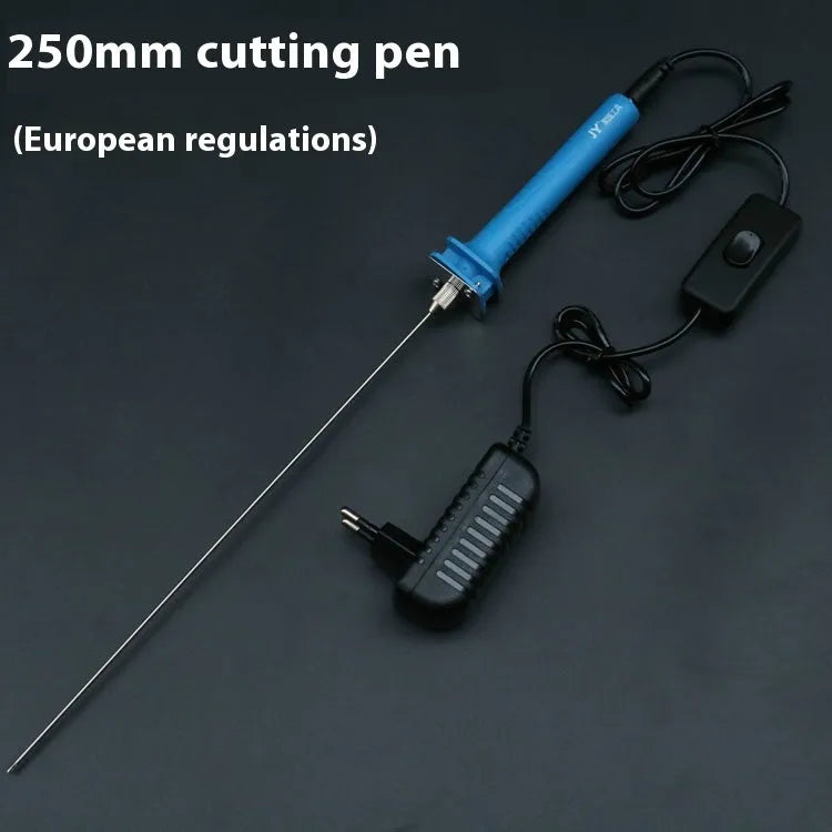 Blue handled electric heating foam cutter pen with a selection of different length metal blades.