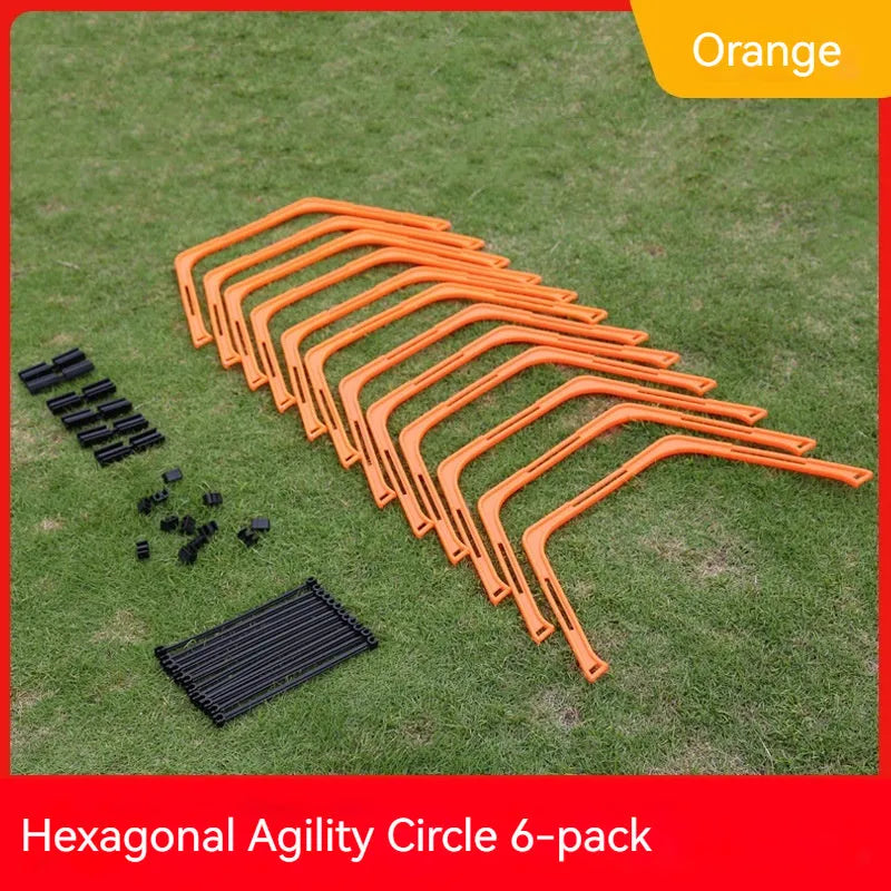 Set of six foldable hexagon football agility training rings in green, orange and yellow PP plastic