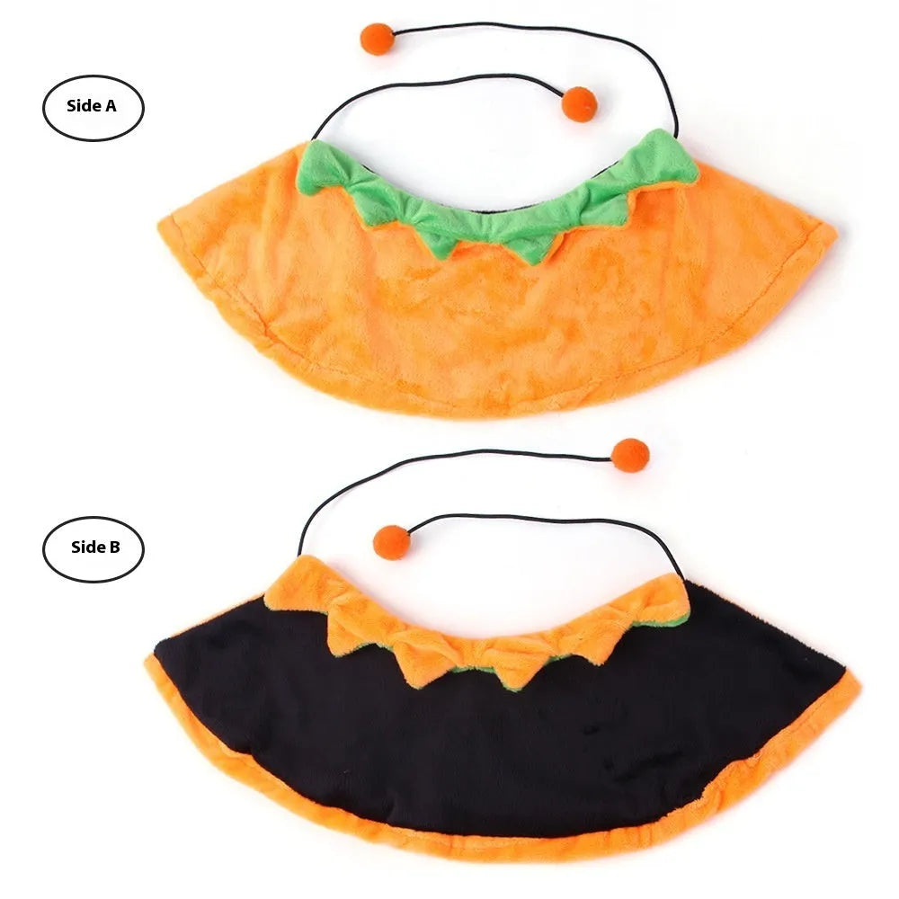 Orange pumpkin Halloween cloak for a dog, made from soft plush fabric.