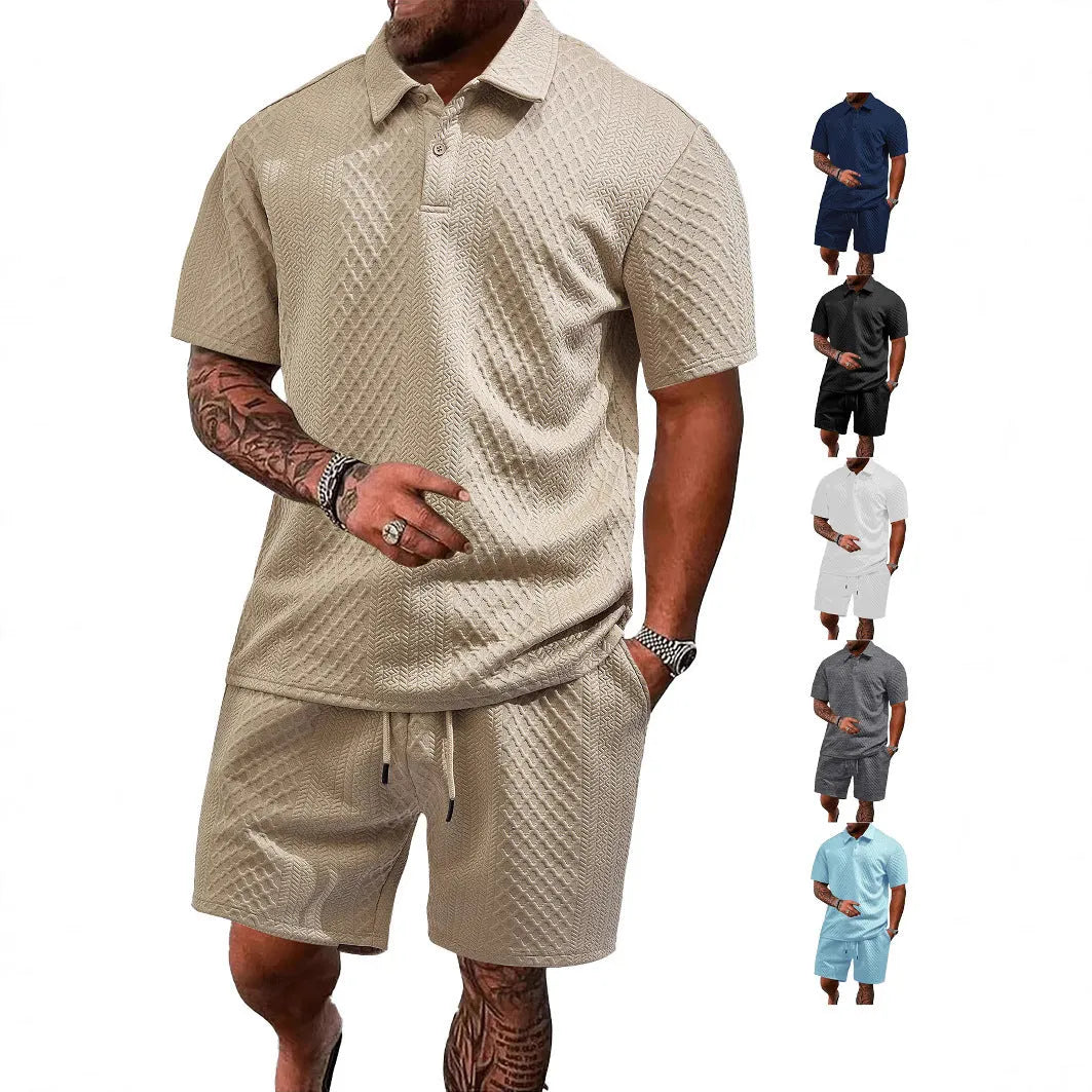 Men's casual short sleeve polyester suit two-piece set in multiple colours