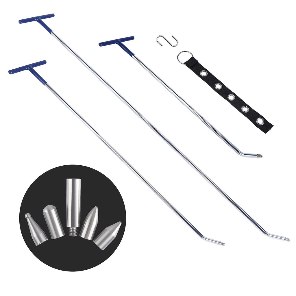Three alloy steel hook crowbars for car dent repair on a workbench.