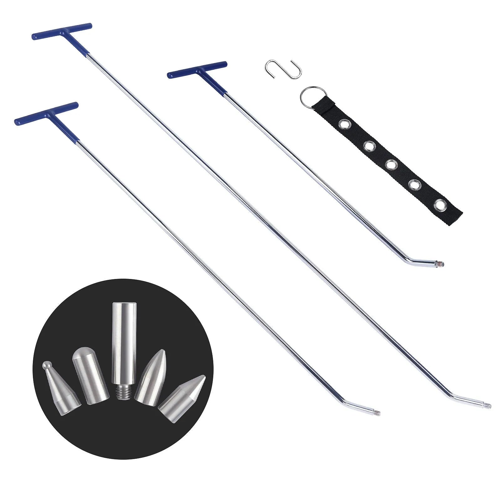 Three alloy steel hook crowbars for car dent repair on a workbench.