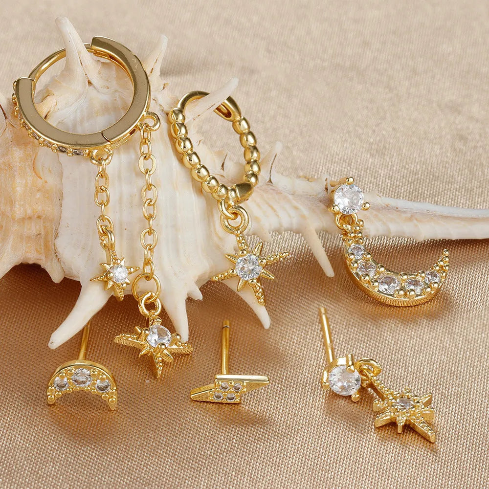 XINGX gold colour chain tassel earrings with zircon studs, six-piece jewellery set