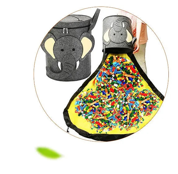 Green felt cube storage bag with pull rope that converts into a flat play mat for toys.