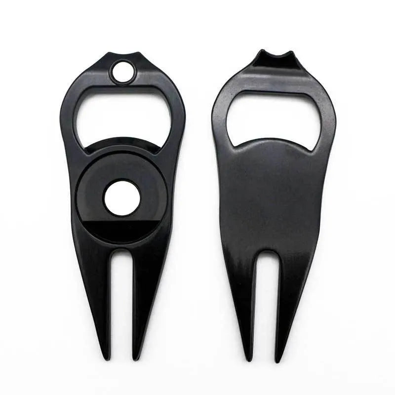 Golf ball fork bottle opener tool in zinc alloy with green turf application