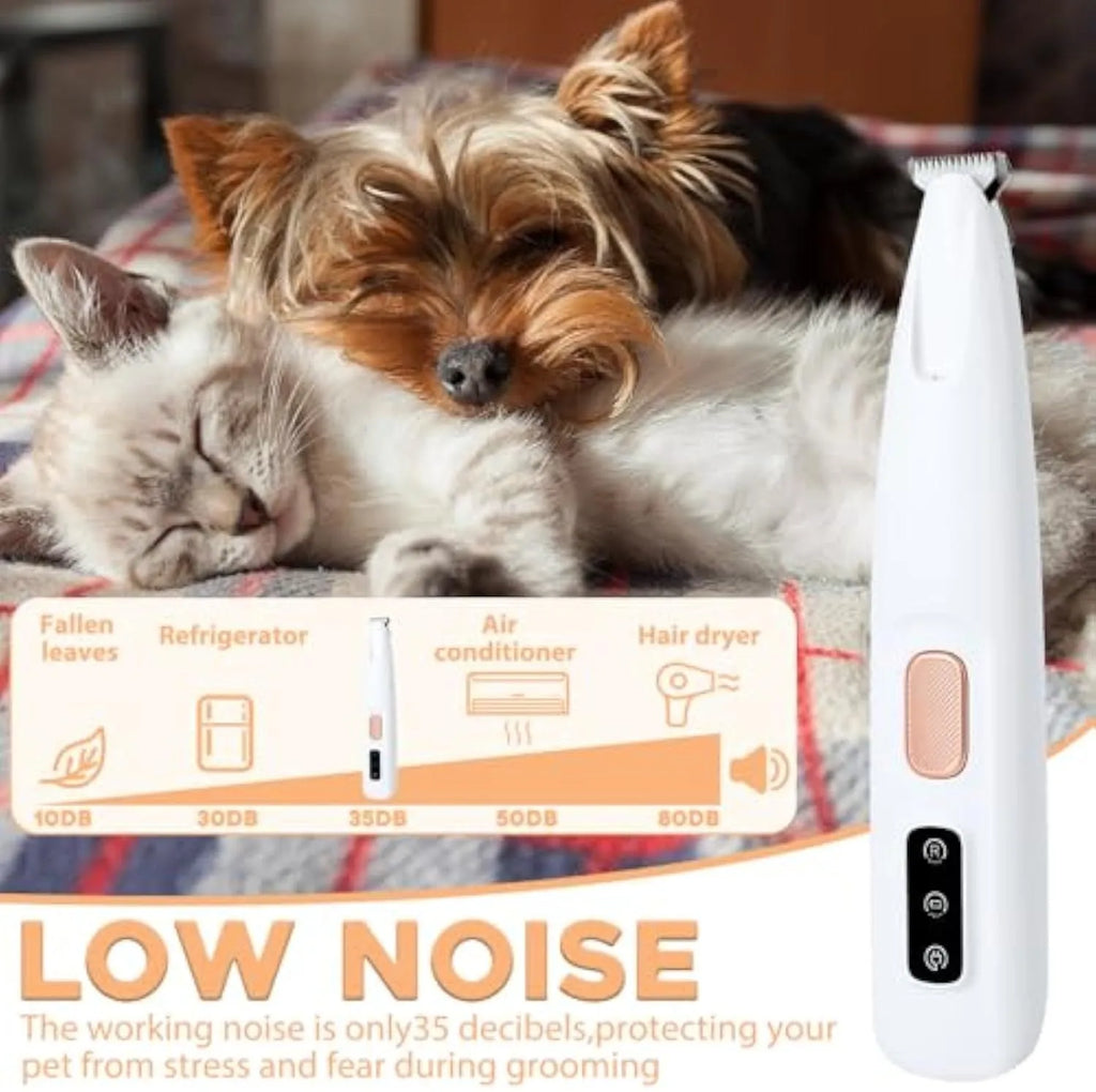 White electric dog paw trimmer with LED light showing compact design and grooming blades