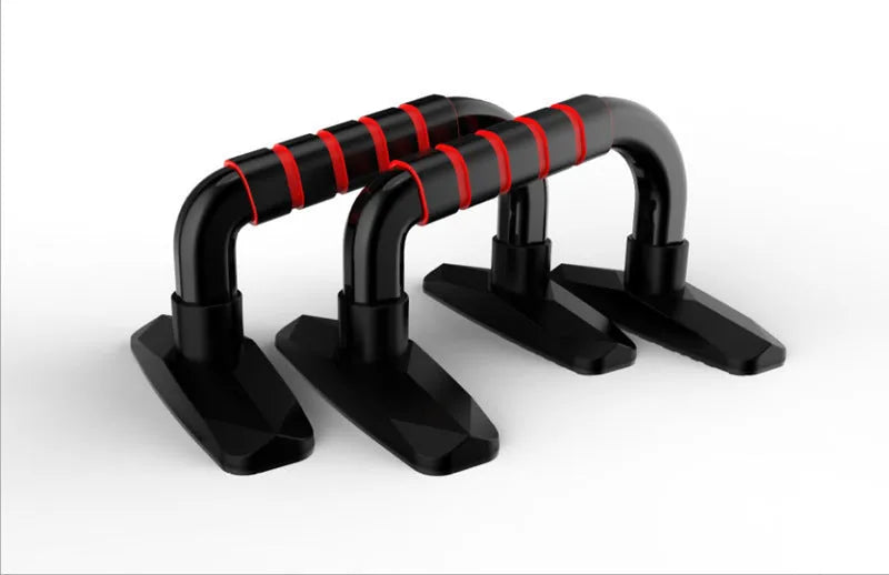 Black I-shaped push-up bracket, 21 cm total length with 14 cm foot length and 10-13 cm stand height for home chest training.
