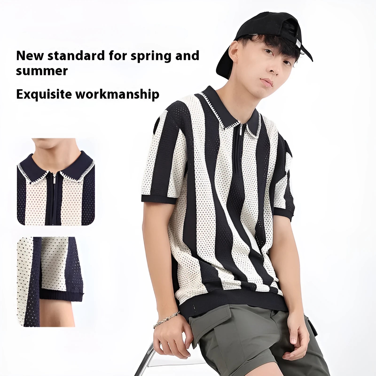 Man wearing a striped short sleeve ice silk sweater with decorative zipper details in a blue colour.