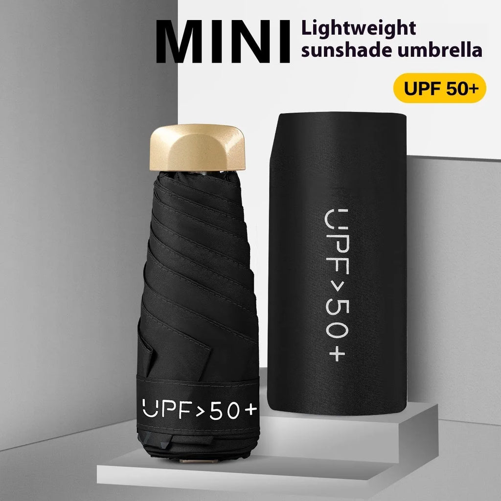 Closed five-fold sun umbrella showing flat profile and rubber handle