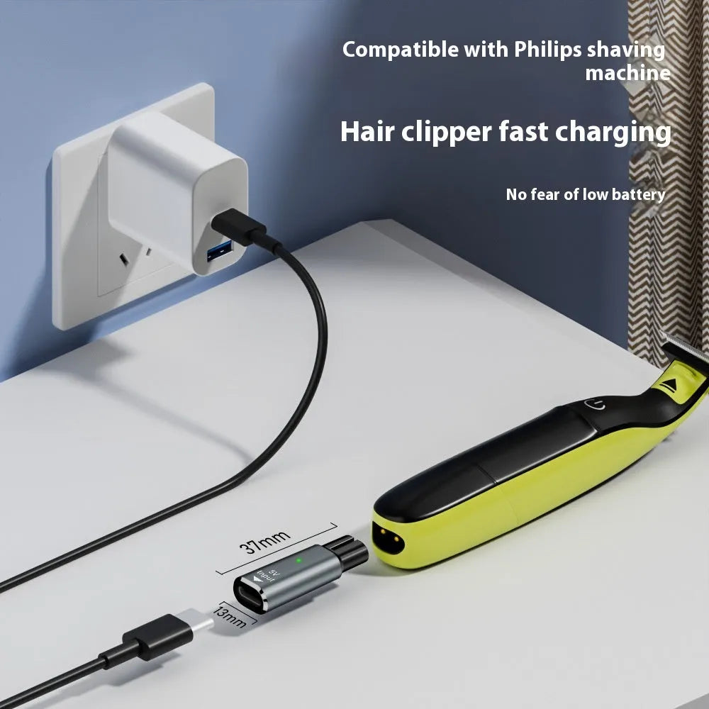 Black or grey USB-C charging adapter for electric shavers and hair clippers with aluminium alloy construction