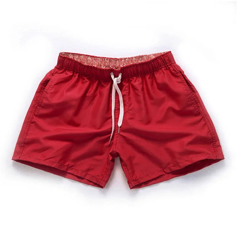 Men's straight leg beach shorts in polyester, shown in multiple colours and plus sizes.