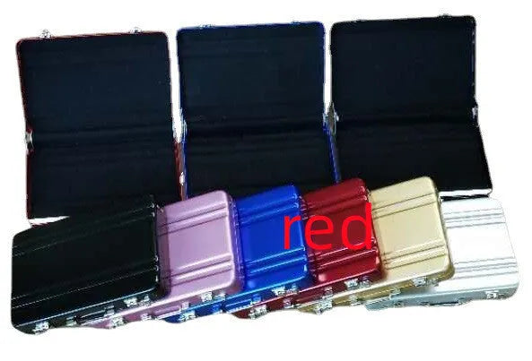 Aluminium alloy card holder in six colour options showing red, blue, black, silver, pink, and gold finishes