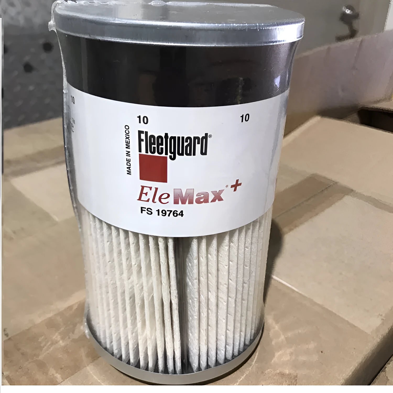FS19764 diesel fuel filter for generators with dimensions and 10mm ports shown.