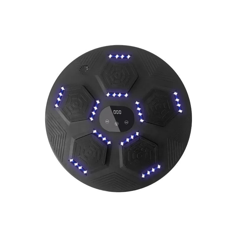 Smart music boxing reaction target hanging on wall with LED lights activated during training session