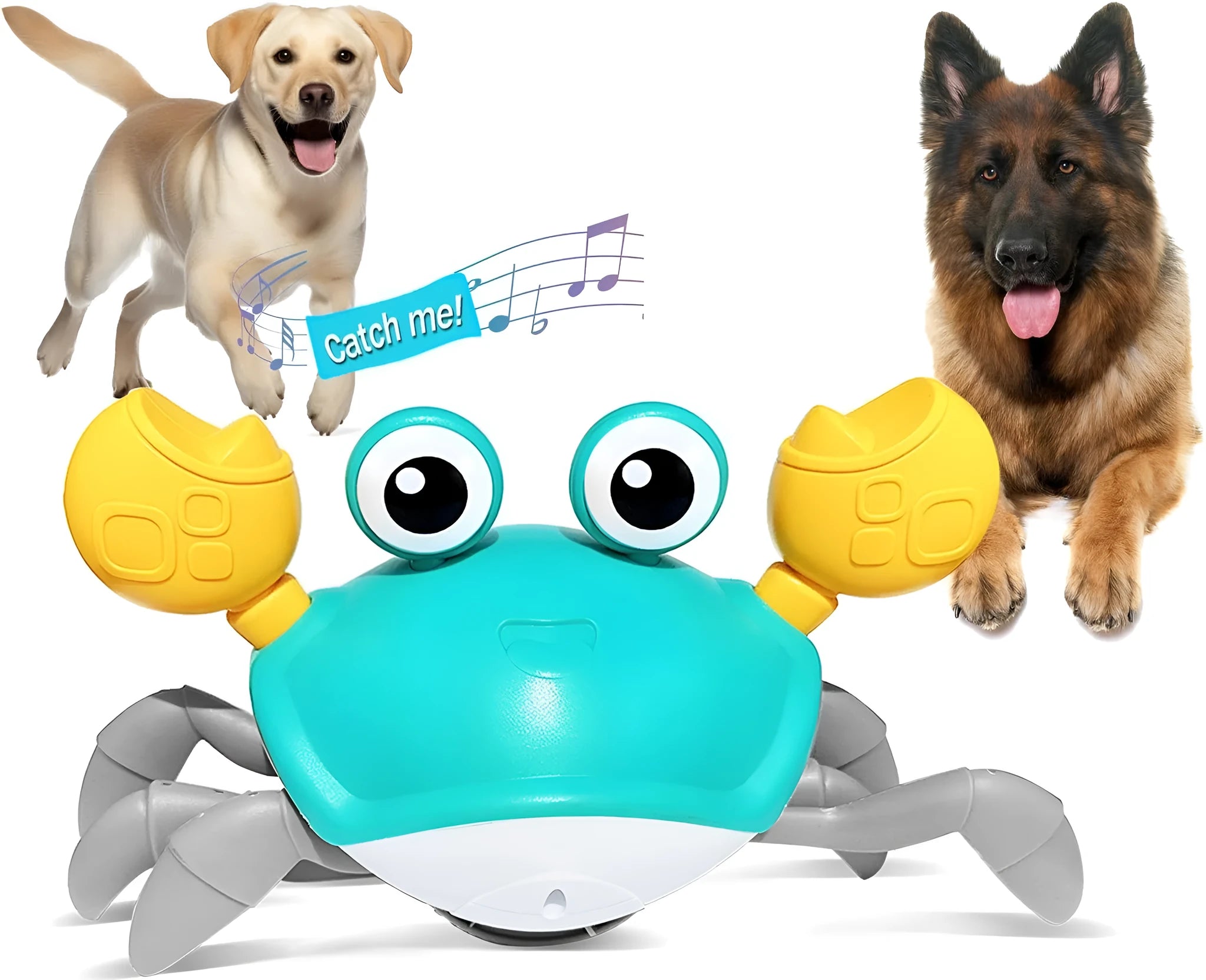 Blue and red crawling crab dog toy with obstacle avoidance sensors showing sideways movement