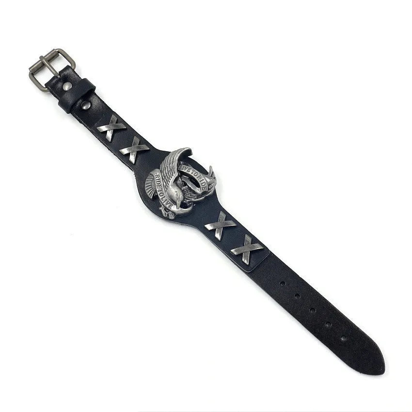 Black leather eagle watch-buttom bracelet with geometric design measuring 26cm length