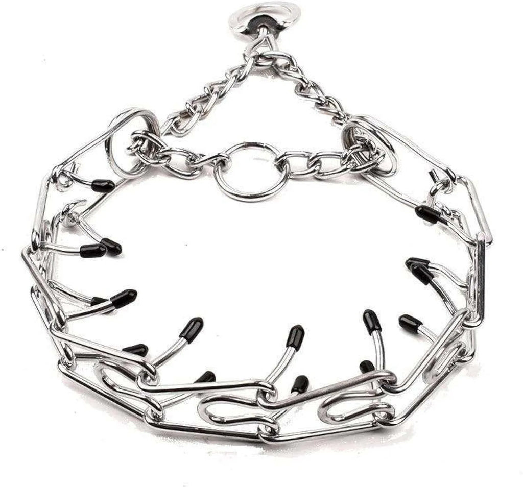 Stainless steel dog training collar with round links and comfort rubber tips
