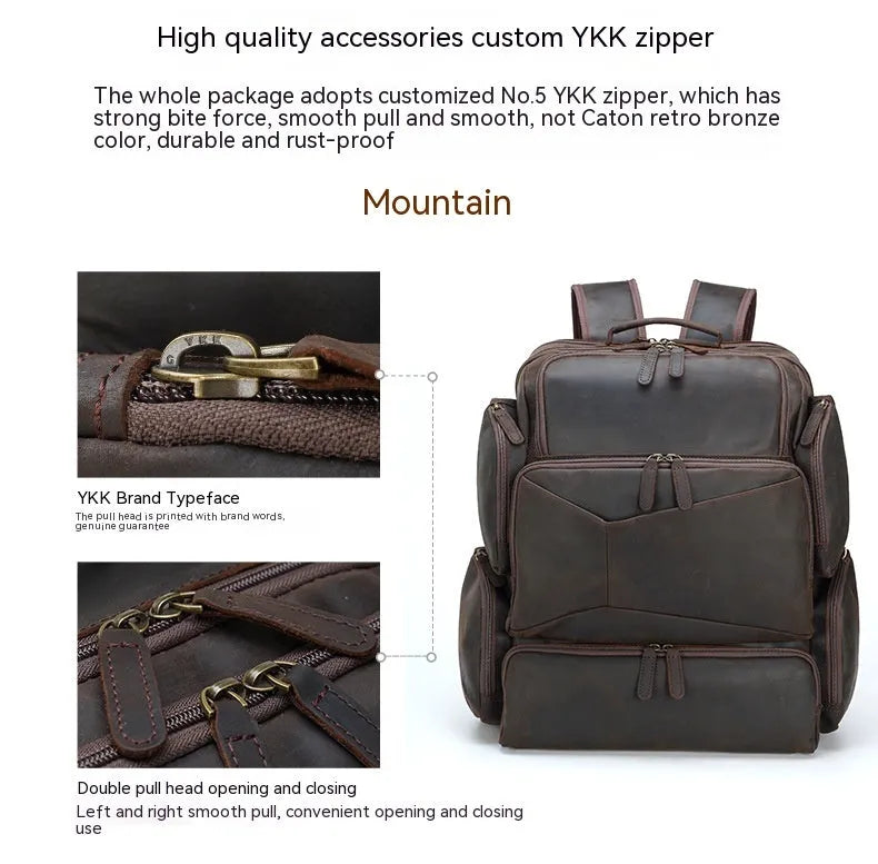 Dark brown retro crazy horse leather backpack for men with double shoulder straps, open front pocket.