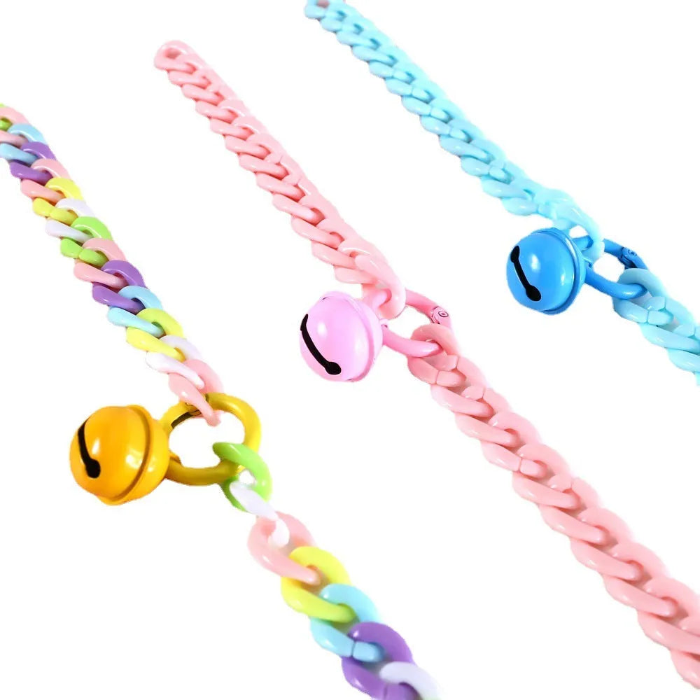 Adjustable plastic pet collar in macaron candy colours showing chain blue, pink and mixed options