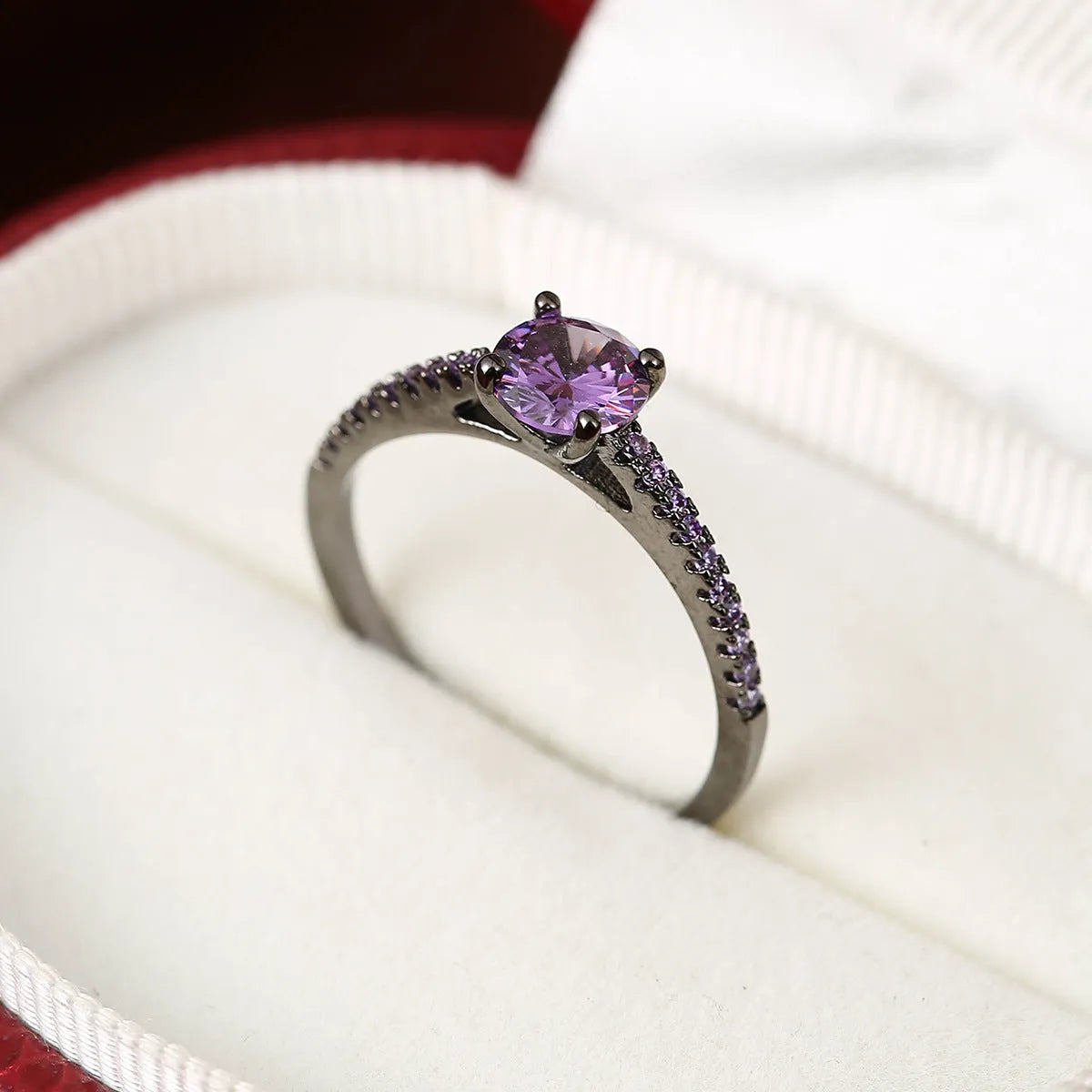 Geometric hexagon copper ring with zircon crystals in gold rose red finish