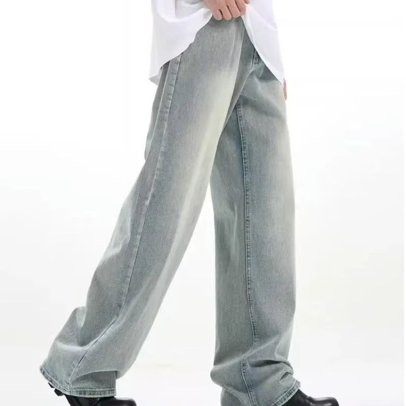 Blue loose-fit retro-style women's trousers made from rabbit fur fabric on a neutral background.