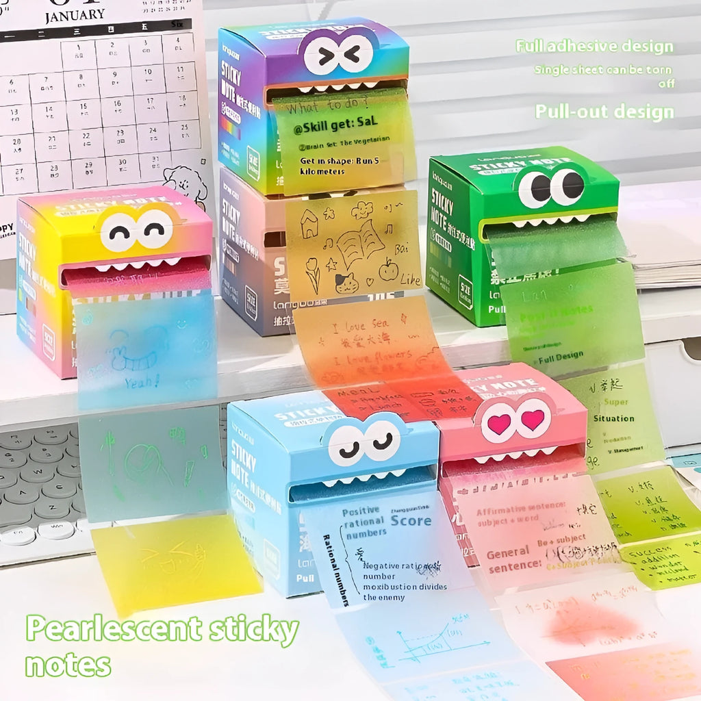 Boxed set of transparent pull-out sticky notes with pearl gradient cover and 105 pages for students